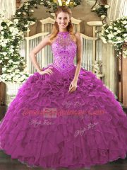 Elegant Sleeveless Organza Floor Length Lace Up Quince Ball Gowns in Fuchsia with Embroidery and Ruffles