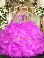 Fuchsia Quinceanera Dress Military Ball and Sweet 16 and Quinceanera with Beading and Ruffles Sweetheart Sleeveless Lace Up