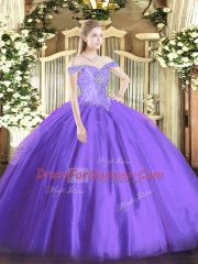 Designer Lavender Tulle Lace Up Quinceanera Gown Sleeveless Floor Length Beading