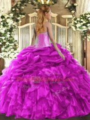 Custom Design Fuchsia Ball Gowns Beading and Ruffles and Pick Ups Vestidos de Quinceanera Lace Up Organza Sleeveless Floor Length