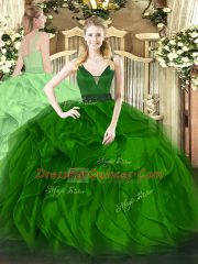 Fashionable Floor Length Green 15th Birthday Dress Organza Sleeveless Beading and Ruffles