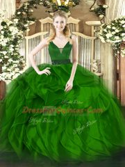 Fashionable Floor Length Green 15th Birthday Dress Organza Sleeveless Beading and Ruffles