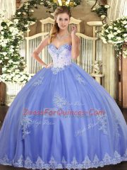 Sexy Blue Ball Gown Prom Dress Military Ball and Sweet 16 and Quinceanera with Beading and Appliques Sweetheart Sleeveless Lace Up