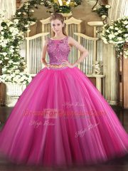 Floor Length Hot Pink Quince Ball Gowns Tulle Sleeveless Beading