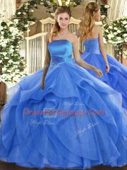 Lovely Blue Sleeveless Tulle Lace Up Ball Gown Prom Dress for Military Ball and Sweet 16 and Quinceanera