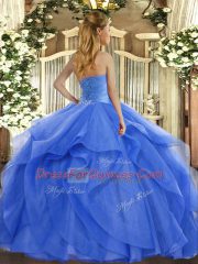 Lovely Blue Sleeveless Tulle Lace Up Ball Gown Prom Dress for Military Ball and Sweet 16 and Quinceanera