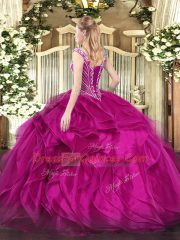 Great Organza V-neck Sleeveless Lace Up Beading and Ruffles Quinceanera Dresses in Brown