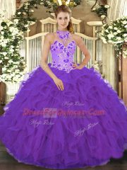 Fitting Organza Sleeveless Floor Length Sweet 16 Dresses and Beading and Embroidery and Ruffles