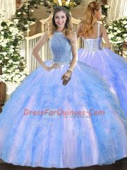Vintage Sleeveless Tulle Floor Length Lace Up Vestidos de Quinceanera in Baby Blue with Beading and Ruffles