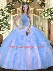 Vintage Sleeveless Tulle Floor Length Lace Up Vestidos de Quinceanera in Baby Blue with Beading and Ruffles
