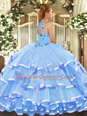 Baby Blue Sleeveless Beading and Embroidery Floor Length Quinceanera Gown
