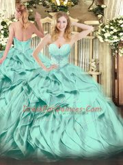 Chic Sleeveless Floor Length Beading and Ruffles Lace Up Quinceanera Dresses with Turquoise