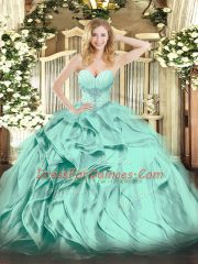 Chic Sleeveless Floor Length Beading and Ruffles Lace Up Quinceanera Dresses with Turquoise