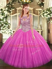 New Style Tulle Scoop Sleeveless Lace Up Beading Sweet 16 Dress in Fuchsia