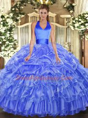 Floor Length Blue Quinceanera Gowns Organza Sleeveless Ruffled Layers and Pick Ups