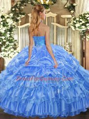 Floor Length Blue Quinceanera Gowns Organza Sleeveless Ruffled Layers and Pick Ups