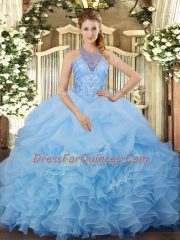 Organza Halter Top Sleeveless Lace Up Beading and Ruffles and Pick Ups Quinceanera Gown in Aqua Blue