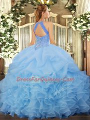 Organza Halter Top Sleeveless Lace Up Beading and Ruffles and Pick Ups Quinceanera Gown in Aqua Blue
