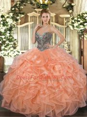 Sweetheart Sleeveless Organza Quince Ball Gowns Beading and Ruffles Lace Up