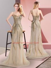 Free and Easy Sleeveless Sweep Train Beading Side Zipper Prom Evening Gown