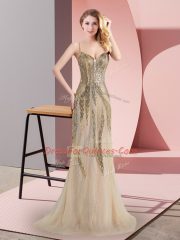 Free and Easy Sleeveless Sweep Train Beading Side Zipper Prom Evening Gown