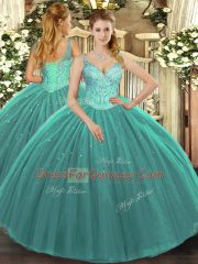 Sleeveless Floor Length Beading Lace Up Vestidos de Quinceanera with Turquoise