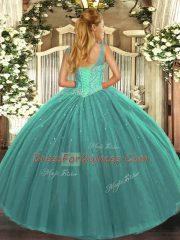 Sleeveless Floor Length Beading Lace Up Vestidos de Quinceanera with Turquoise
