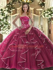 Fuchsia Lace Up Sweet 16 Dress Beading and Ruffles Sleeveless Floor Length