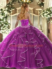 Fuchsia Lace Up Sweet 16 Dress Beading and Ruffles Sleeveless Floor Length