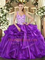 Stylish Floor Length Eggplant Purple Quinceanera Gown Organza Sleeveless Beading and Appliques and Ruffles