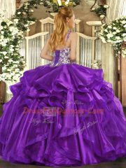 Stylish Floor Length Eggplant Purple Quinceanera Gown Organza Sleeveless Beading and Appliques and Ruffles