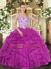 Custom Fit Fuchsia Tulle Lace Up Straps Sleeveless Floor Length 15th Birthday Dress Beading and Appliques and Ruffles
