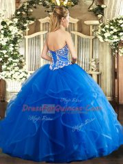 Sweetheart Sleeveless 15 Quinceanera Dress Floor Length Beading and Ruffles Hot Pink Tulle
