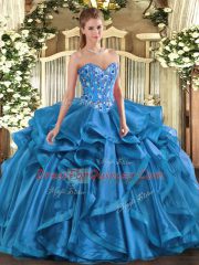 Blue Ball Gowns Organza Sweetheart Sleeveless Embroidery and Ruffles Floor Length Lace Up Quinceanera Dresses