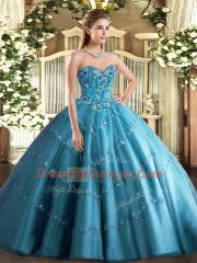 Teal Sweetheart Neckline Appliques and Embroidery Vestidos de Quinceanera Sleeveless Lace Up