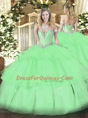Cheap Apple Green Ball Gowns Sweetheart Sleeveless Tulle Floor Length Lace Up Beading and Ruffled Layers Quince Ball Gowns