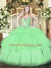 Cheap Apple Green Ball Gowns Sweetheart Sleeveless Tulle Floor Length Lace Up Beading and Ruffled Layers Quince Ball Gowns