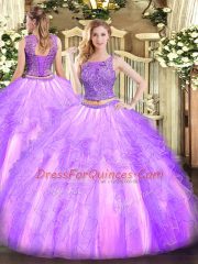 Two Pieces Quinceanera Gown Lavender Scoop Tulle Sleeveless Floor Length Lace Up