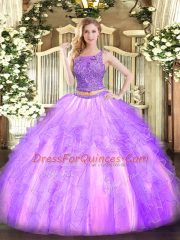 Two Pieces Quinceanera Gown Lavender Scoop Tulle Sleeveless Floor Length Lace Up