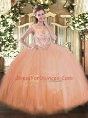 Sleeveless Tulle Floor Length Lace Up Quinceanera Gowns in Peach with Beading