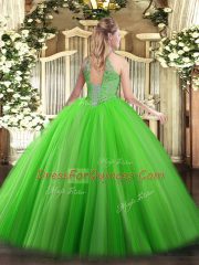 Sleeveless Tulle Floor Length Lace Up Quince Ball Gowns in with Sequins