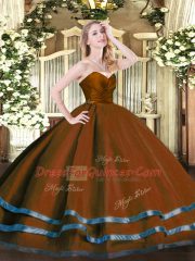 Glittering Ball Gowns Quinceanera Gown Brown Sweetheart Tulle Sleeveless Floor Length Zipper