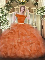 Best Floor Length Two Pieces Short Sleeves Orange Red Sweet 16 Quinceanera Dress Zipper
