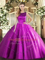 Fuchsia Ball Gowns Scoop Sleeveless Tulle Floor Length Lace Up Appliques Sweet 16 Dresses