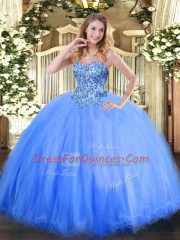 Floor Length Blue Sweet 16 Dresses Tulle Sleeveless Appliques