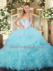 Aqua Blue Vestidos de Quinceanera Military Ball and Sweet 16 and Quinceanera with Beading and Ruffles and Pick Ups Sweetheart Sleeveless Lace Up