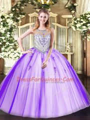 Lovely Floor Length Ball Gowns Sleeveless Lavender Quince Ball Gowns Zipper