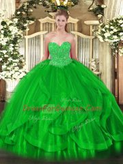 Gorgeous Green Organza Lace Up Quince Ball Gowns Sleeveless Floor Length Beading and Ruffles