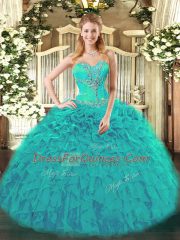 Teal Ball Gowns Sweetheart Sleeveless Organza Lace Up Beading and Ruffles Quinceanera Gown
