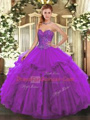 Tulle Sweetheart Sleeveless Lace Up Beading and Ruffles Sweet 16 Quinceanera Dress in Eggplant Purple
